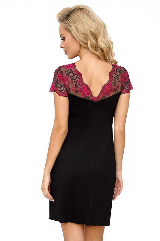 Luxurious black viscose nightshirt by Donna, featuring exquisite fuchsia lace detailing and a feminine design, perfect for confident women seeking elegance and comfort.