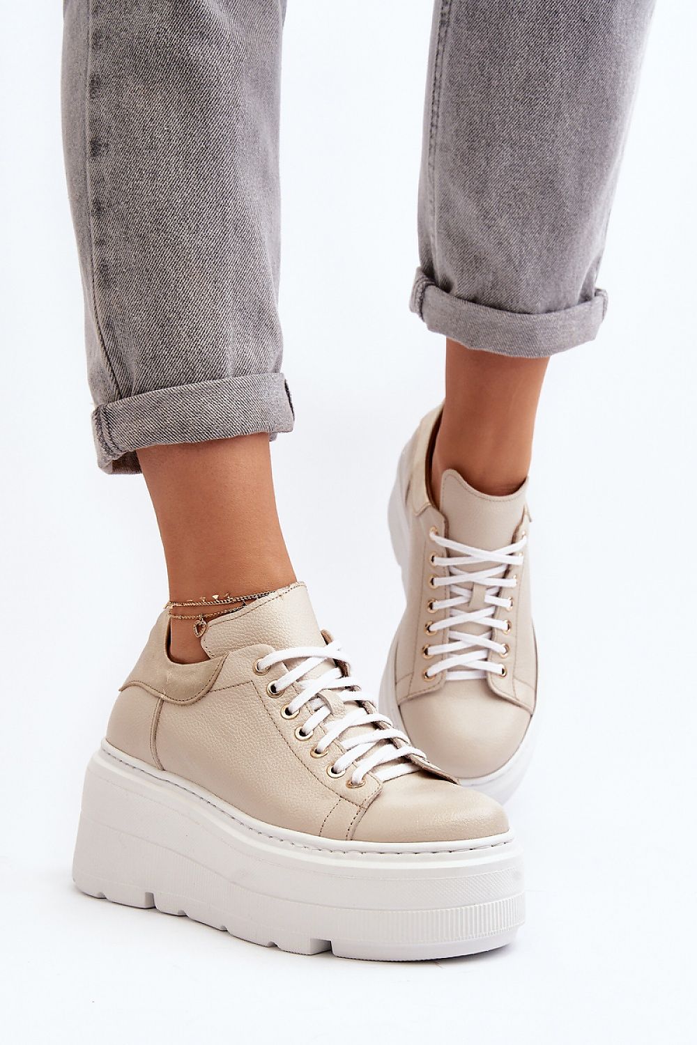 Stylish women's natural leather sports shoes with a massive platform, designed for comfort and elegance in every step, by Step in Style. Featuring a sleek beige colour and trendy lace-up design.