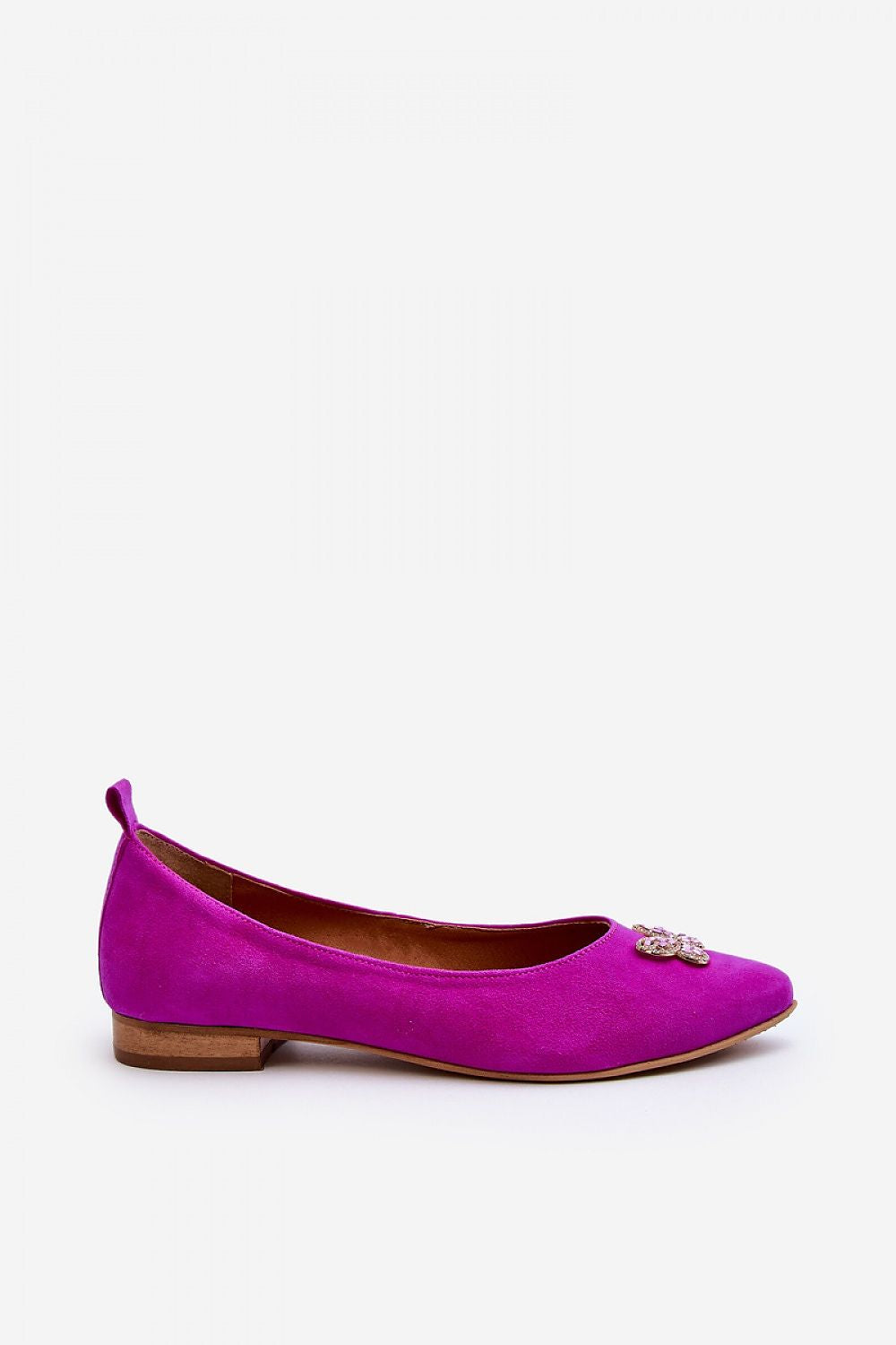 Elegant suede ballet flats by Step in Style featuring a delicate butterfly ornament and a soft leather insole for ultimate comfort and sophistication.