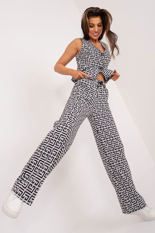 Luxury women's casual trousers by Lakerta featuring a tie waist and stylish geometric pattern, made from a comfortable cotton blend.