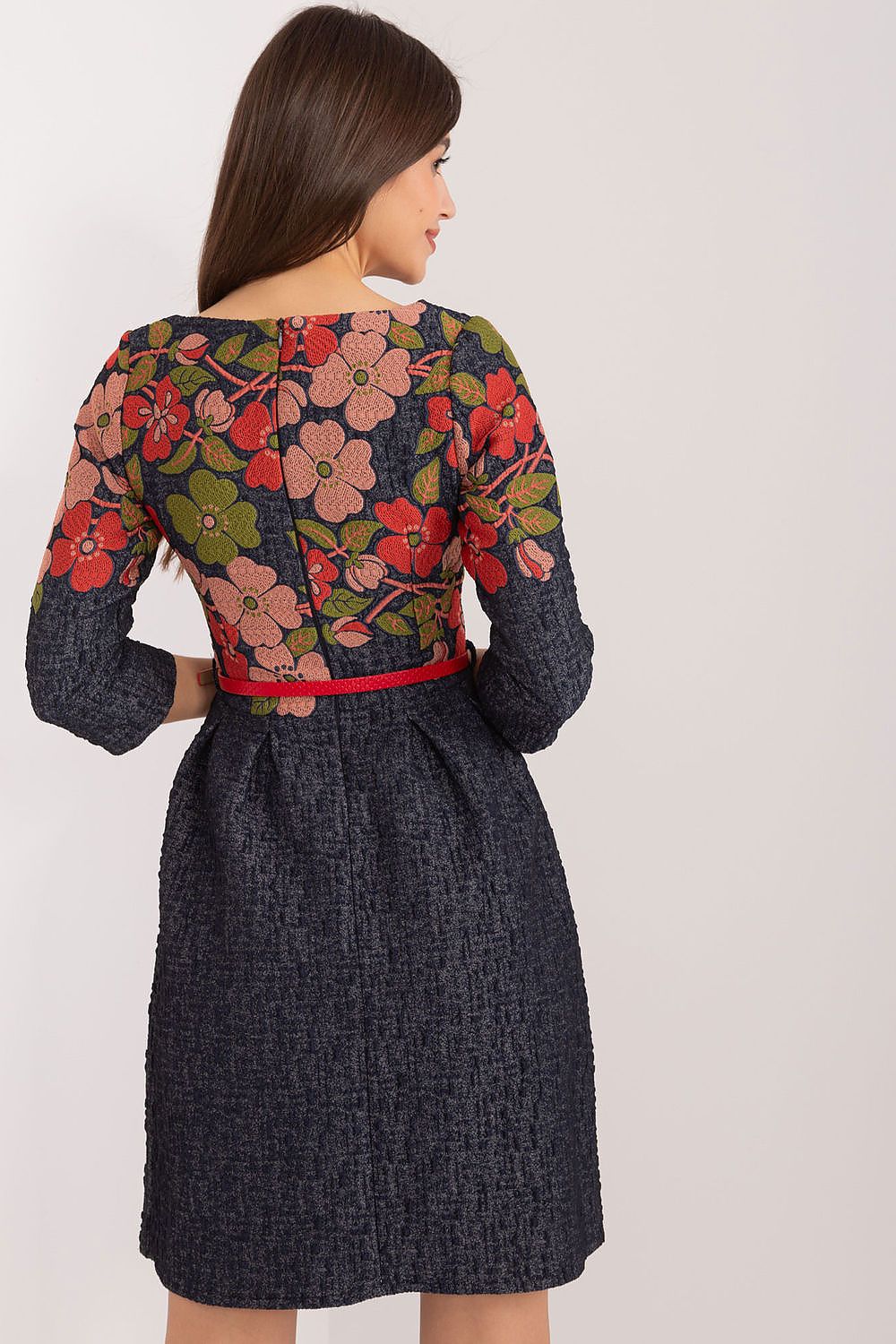 Luxurious floral embroidered flared cotton daydress by Lakerta, featuring 3/4 sleeves and a stylish buckled belt, perfect for elegant occasions.