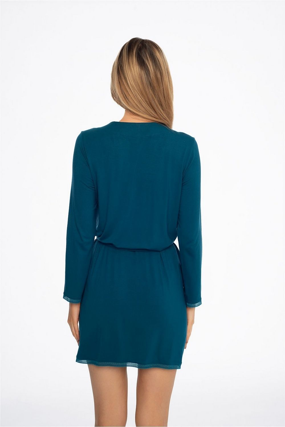 Back view of the exquisite Henderson Alena lightweight women's bathrobe in deep sea shade, showcasing the smooth knitted fabric and adjustable waist for a tailored fit, ideal for comfort and elegance.