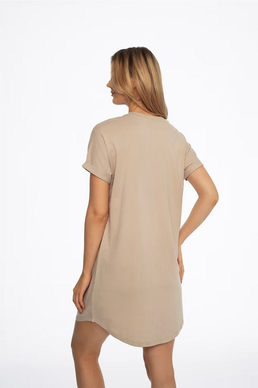 Sophisticated back view of the Henderson beige nightgown, showcasing its breathable 100% cotton fabric for luxurious lounging.