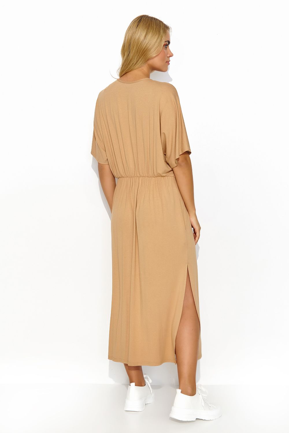 Fashionable Makadamia Midi Dress in a rich earth tone, capturing the essence of summer elegance.