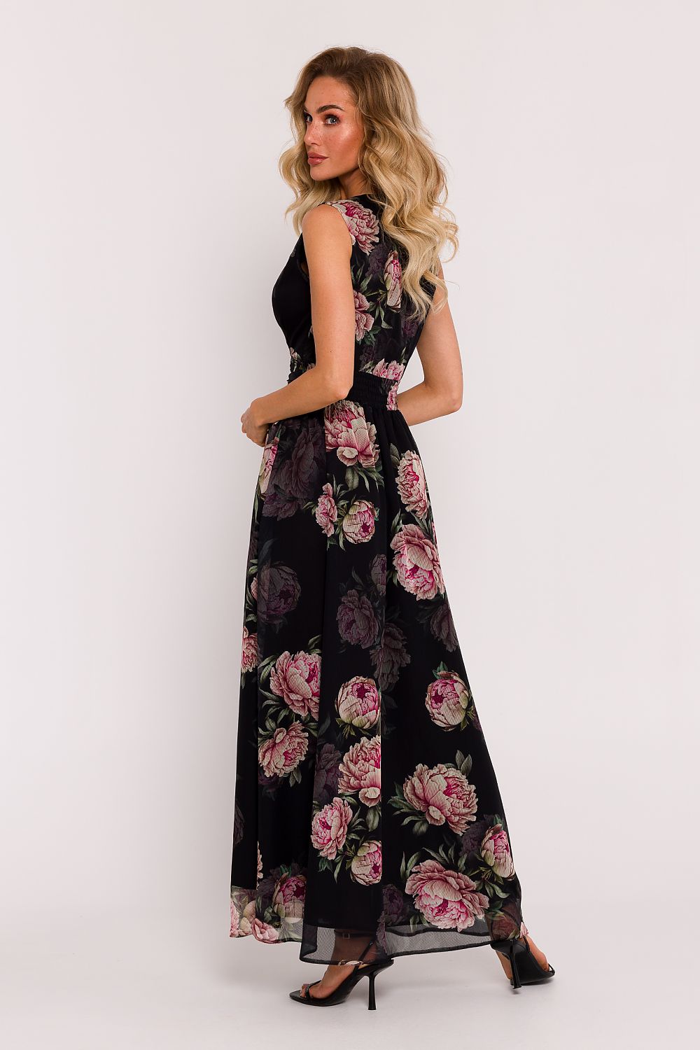 Back view of the elegant maxi chiffon dress by Moe, highlighting the fitted design and elastic waist for a perfect fit.