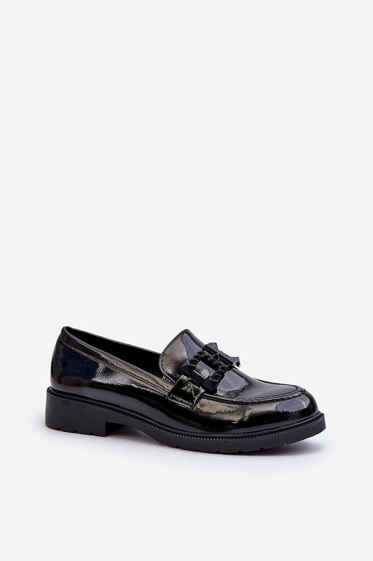 Side view of S.Barski women's moccasins in glossy black, highlighting the unique ornament and comfortable flat heel. Vendor: Step in Style.