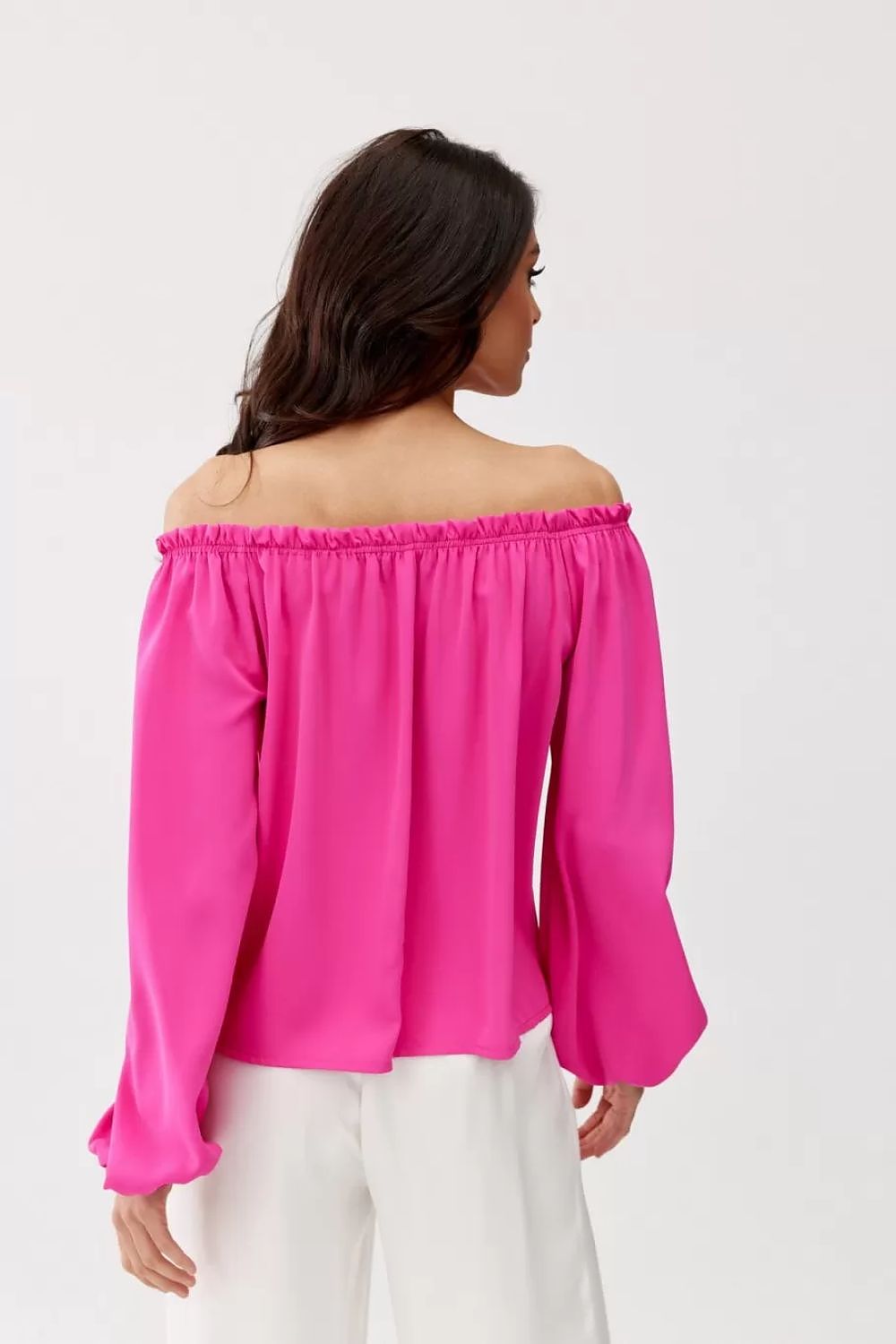 Close-up of the luxurious Rosie Satin Blouse by Roco Fashion, showcasing the beautiful satin texture and unique Spanish-style neckline that highlights the shoulders.