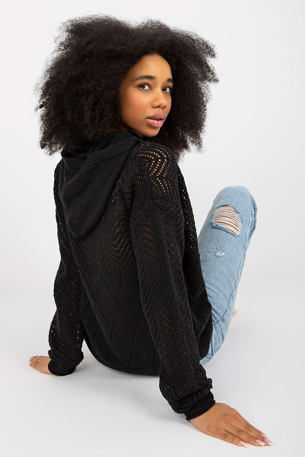 Elegant lightweight openwork summer sweater with hood by Badu, crafted from a luxurious cotton blend, showcasing a delicate pattern perfect for both casual and chic summer outfits.
