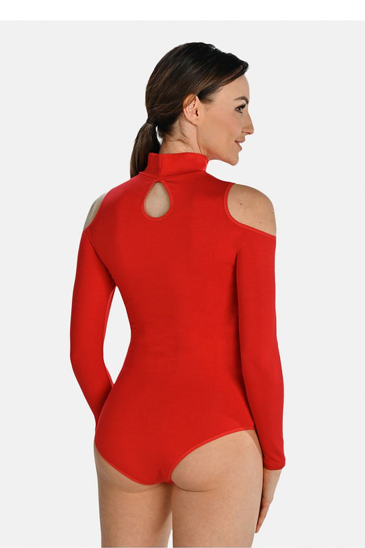 Teyli bodysuit displayed with an emphasis on its sophisticated long sleeves and modern cut-outs for a chic look.