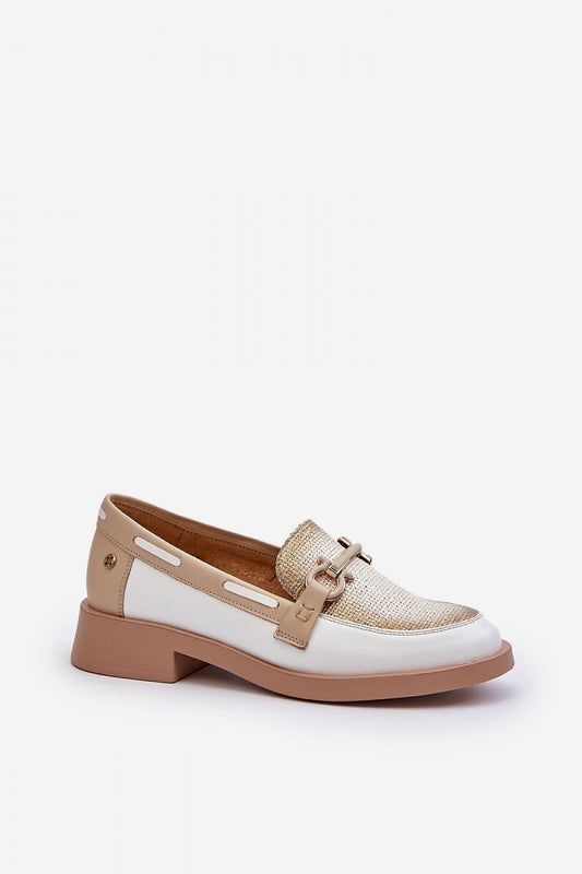 Stylish Maciejka natural leather moccasins in a beige and white colourway, featuring an eye-catching embellishment, designed for sophistication by Step in style.