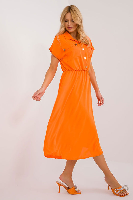 Italy Moda luxury midi summer dress featuring a flared cut, vintage button closure, and stylish pockets, perfect for elegant summer outings.