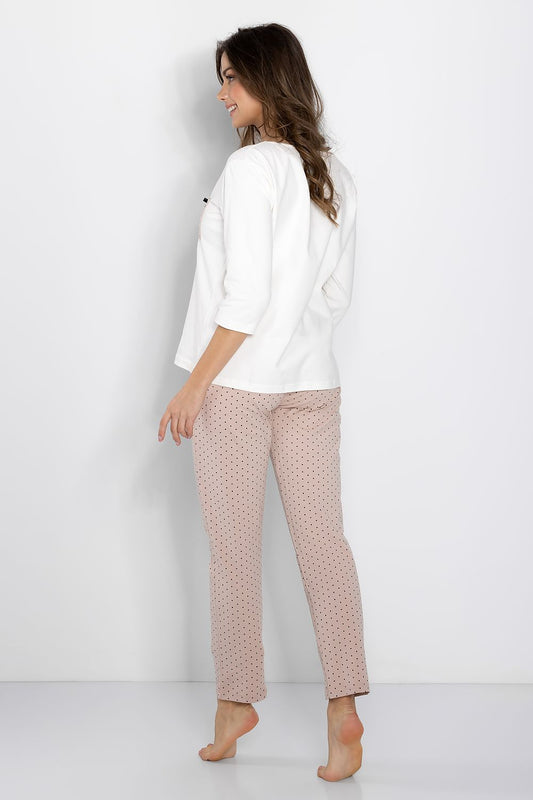Chic view of the luxury women's cotton blend pajamas set showcasing the back of the white 3/4 sleeve blouse and patterned pink pants, perfect for upscale relaxation and comfort.
