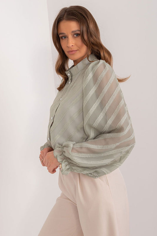 Elegant women's long sleeve button-down shirt with stand-up collar by Lakerta, featuring a luxurious transparent sleeve design and sophisticated fabric texture, perfect for business meetings and formal occasions.