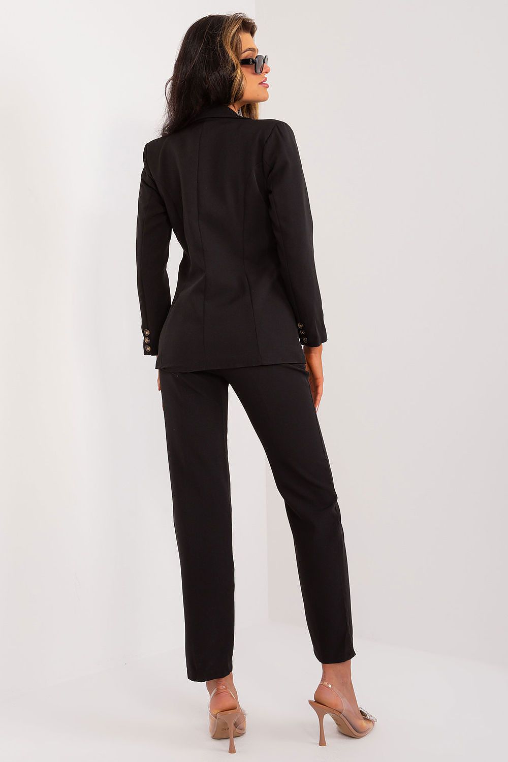 Elegant Italy Moda blazer and pants set showcasing stylish polyester professional attire for women, ideal for work or formal occasions.