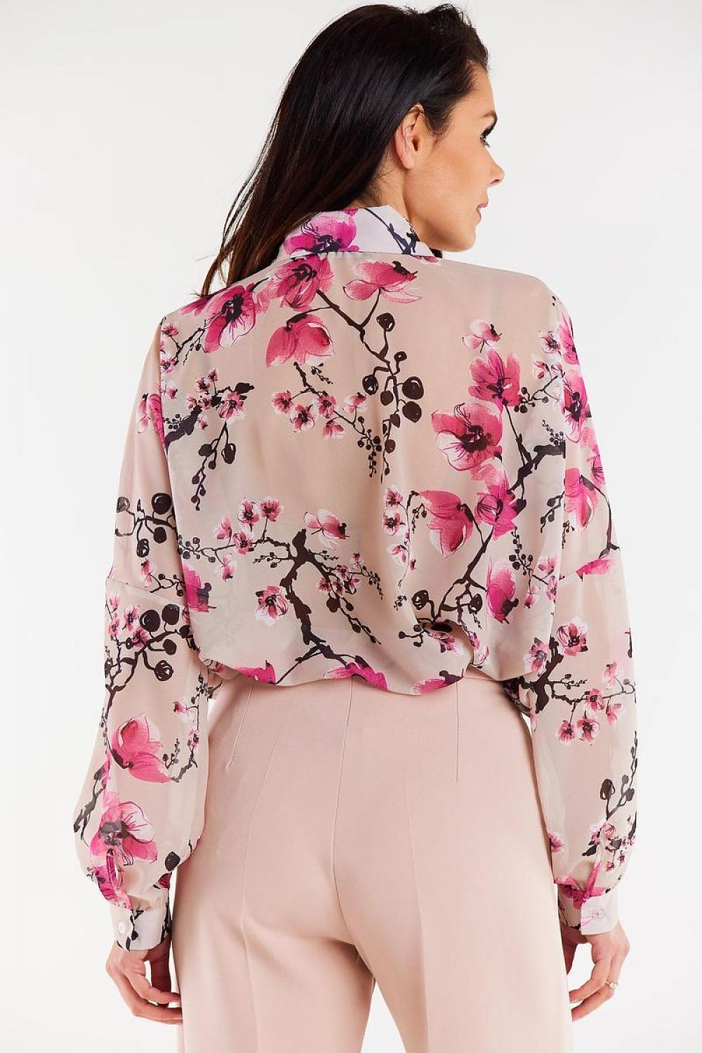 Full view of Awama's elegant oversized chiffon long sleeve shirt, featuring wide ruffled sleeves and a graceful silhouette ideal for formal occasions.