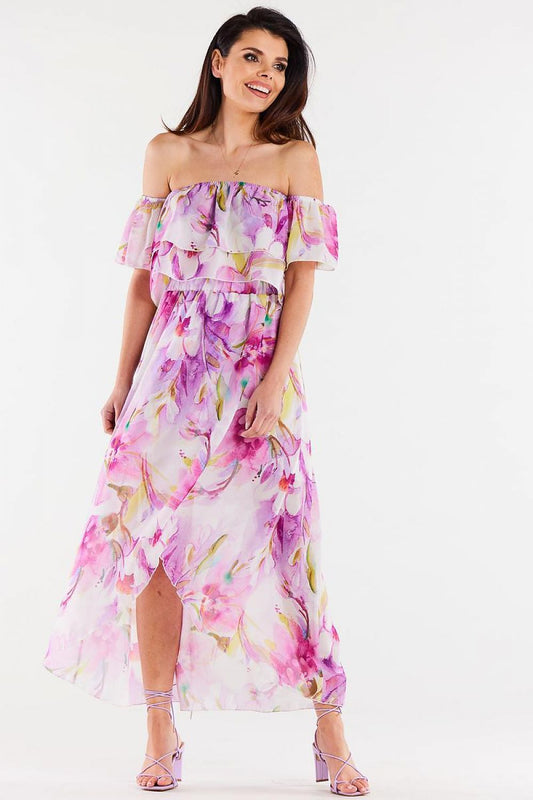 Elegant short chiffon blouse by Awama featuring delicate ruffles and an elastic neckline, perfect for upscale occasions.