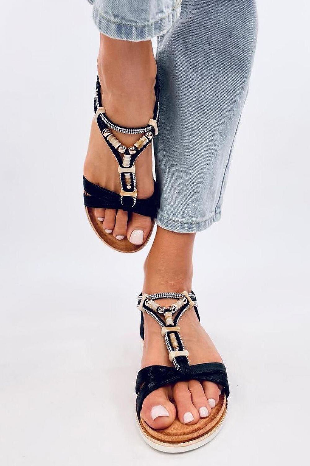 Elegant Inello women's sandals with stunning rhinestone details, crafted from environmentally friendly leather and fabric for a chic look.