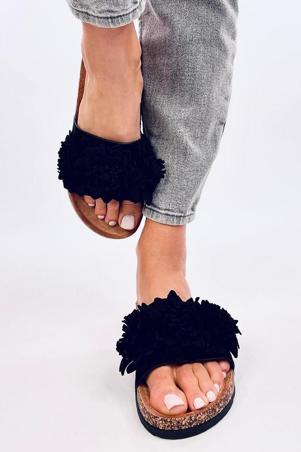 Stylish women's eco-friendly mules by Inello, crafted from luxurious suede with a contoured insole and eye-catching floral accents, ideal summer shoes.