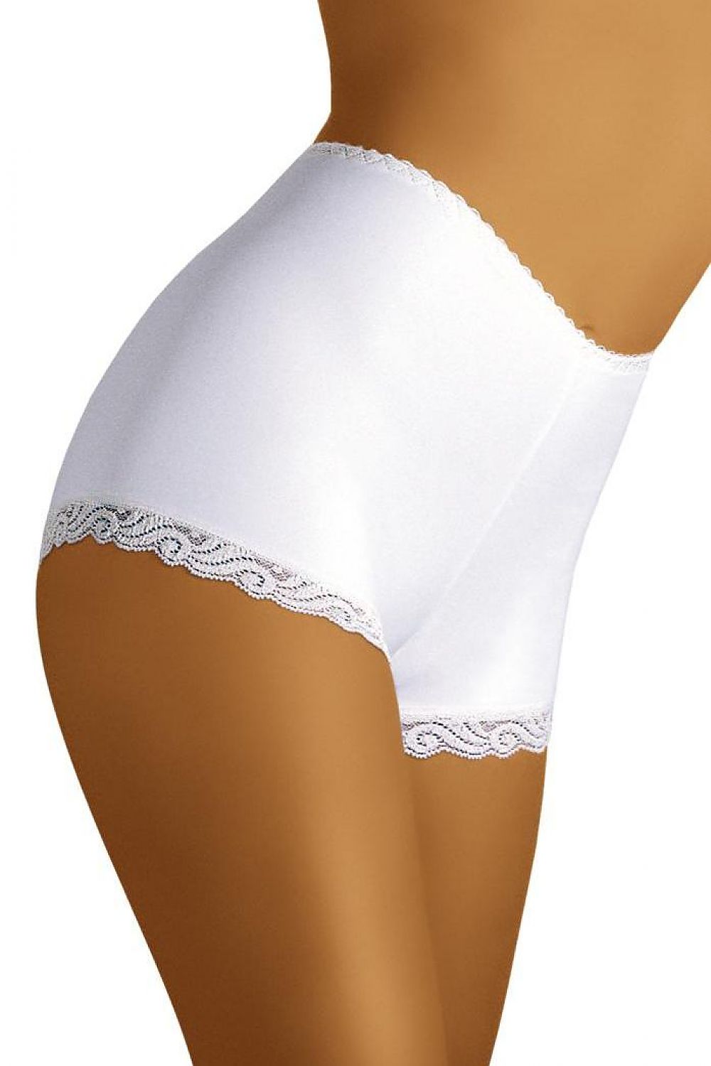 Luxury high-waisted lace trim shorts by Wolbar, designed with a smooth and flexible fabric that gently shapes the body, available in sizes S to XL in elegant white.