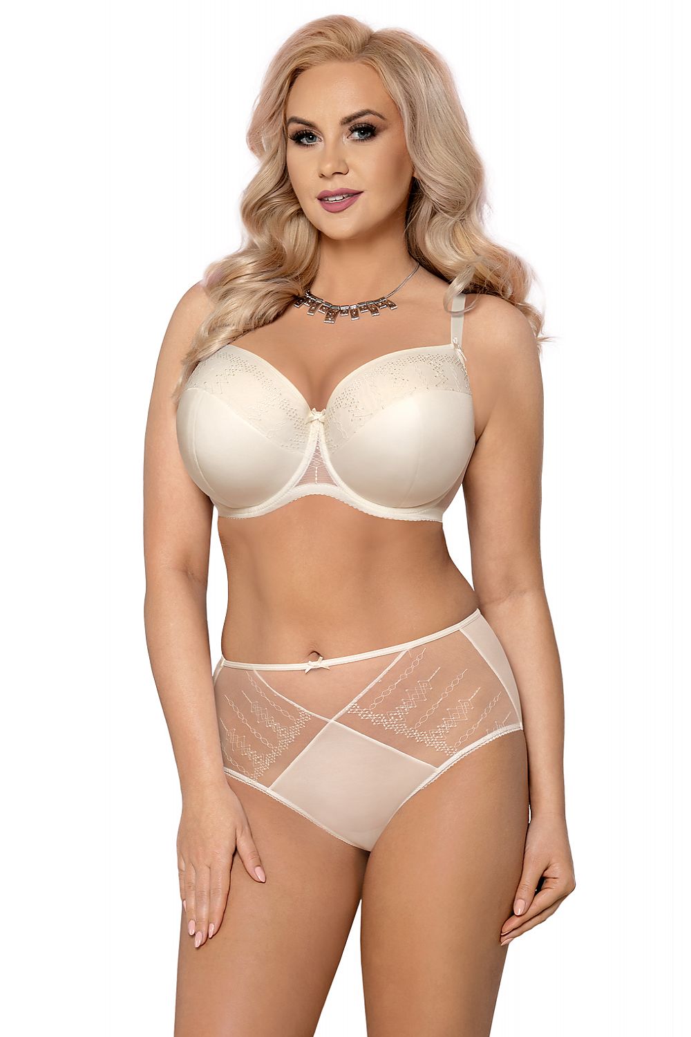 Luxurious full cup padded bra by Vena, featuring elegant geometric patterns and delicate embroidery, modelled by a woman with styled hair and jewellery, perfect for elegant lingerie collections.