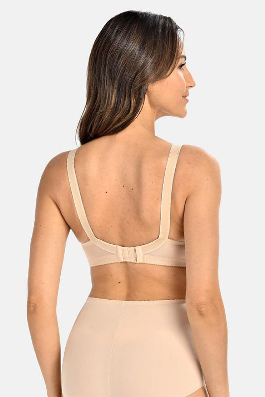 Luxurious underwire-free beige bra by Teyli, featuring soft cotton lining, adjustable front straps for optimal comfort, designed to enhance your silhouette with elegant style.