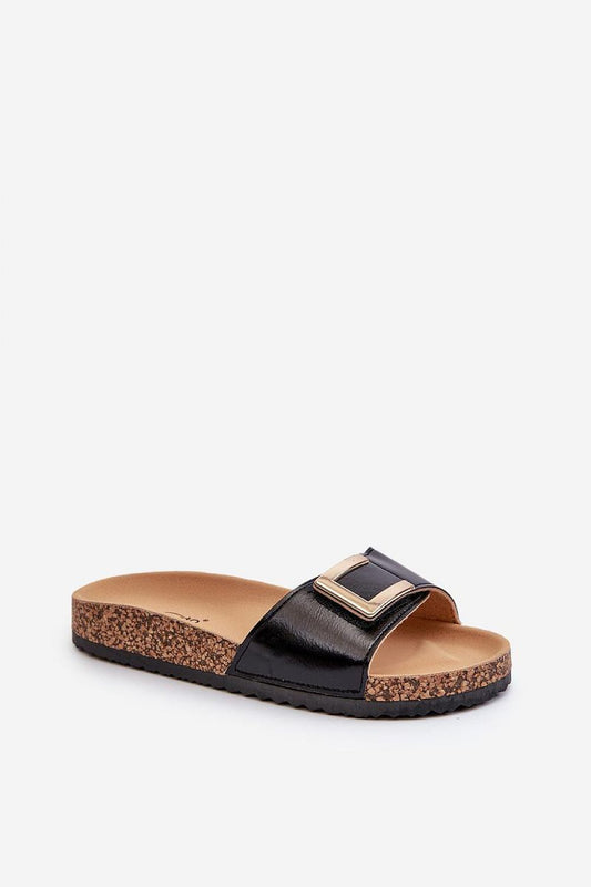 Close-up view of gold embellished Velcro fasteners on Step in Style women's cork platform flip-flops, showcasing luxury summer footwear.