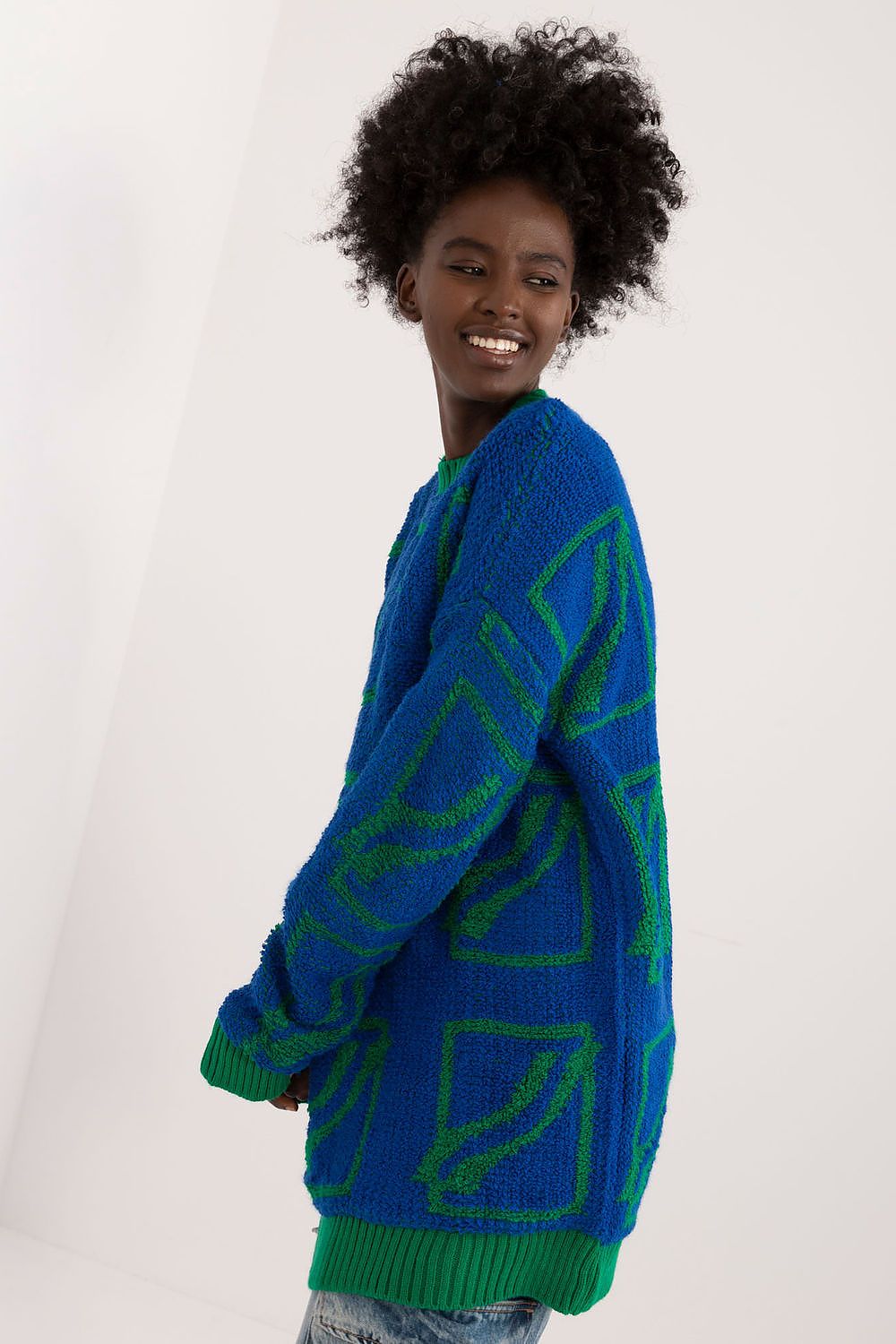 Elegant acrylic-wool blend jumper by Badu for women, emphasising comfort and style with its casual print and modern silhouette.