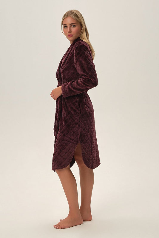 Luxury Purple Fyah Bathrobe by Henderson featuring a unique design, soft polyester knitwear, and a comfortably fitted rounded hem, perfect for an elegant lounging experience.