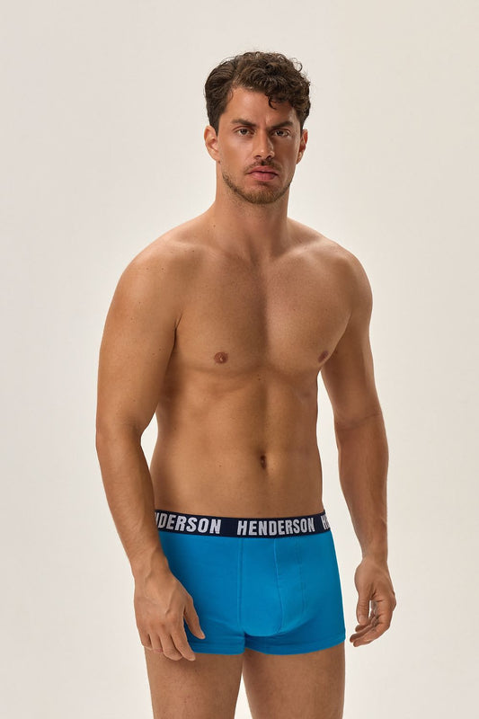 Henderson Men's Jet Boxer Shorts 3-Pack featuring a luxurious slim fit design in cotton, displaying vibrant geometric patterns in turquoise, lime, and navy, ideal for sophisticated everyday wear.