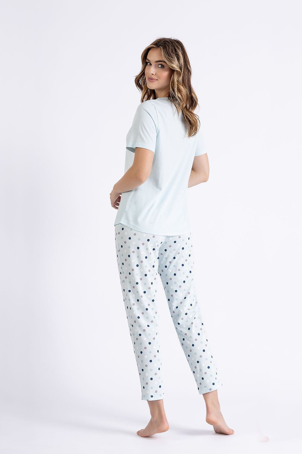 Elegantly designed M-Max women's cotton pyjamas set with decorative print, featuring a short-sleeved top and 7/8 length pants, perfect for luxurious comfort during nightwear.