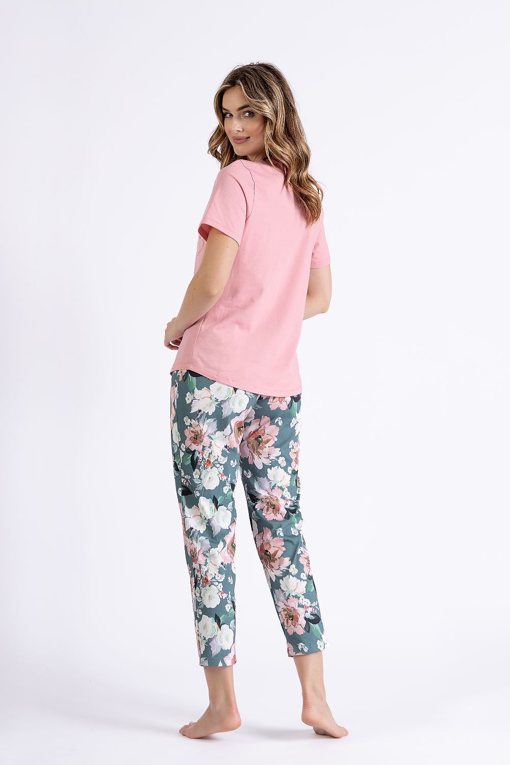 Elegant M-Max cotton pajama set for women, showcasing a charming bow detail on a loose-fitting blouse and chic 7/8 length pants for ultimate comfort and sophistication.