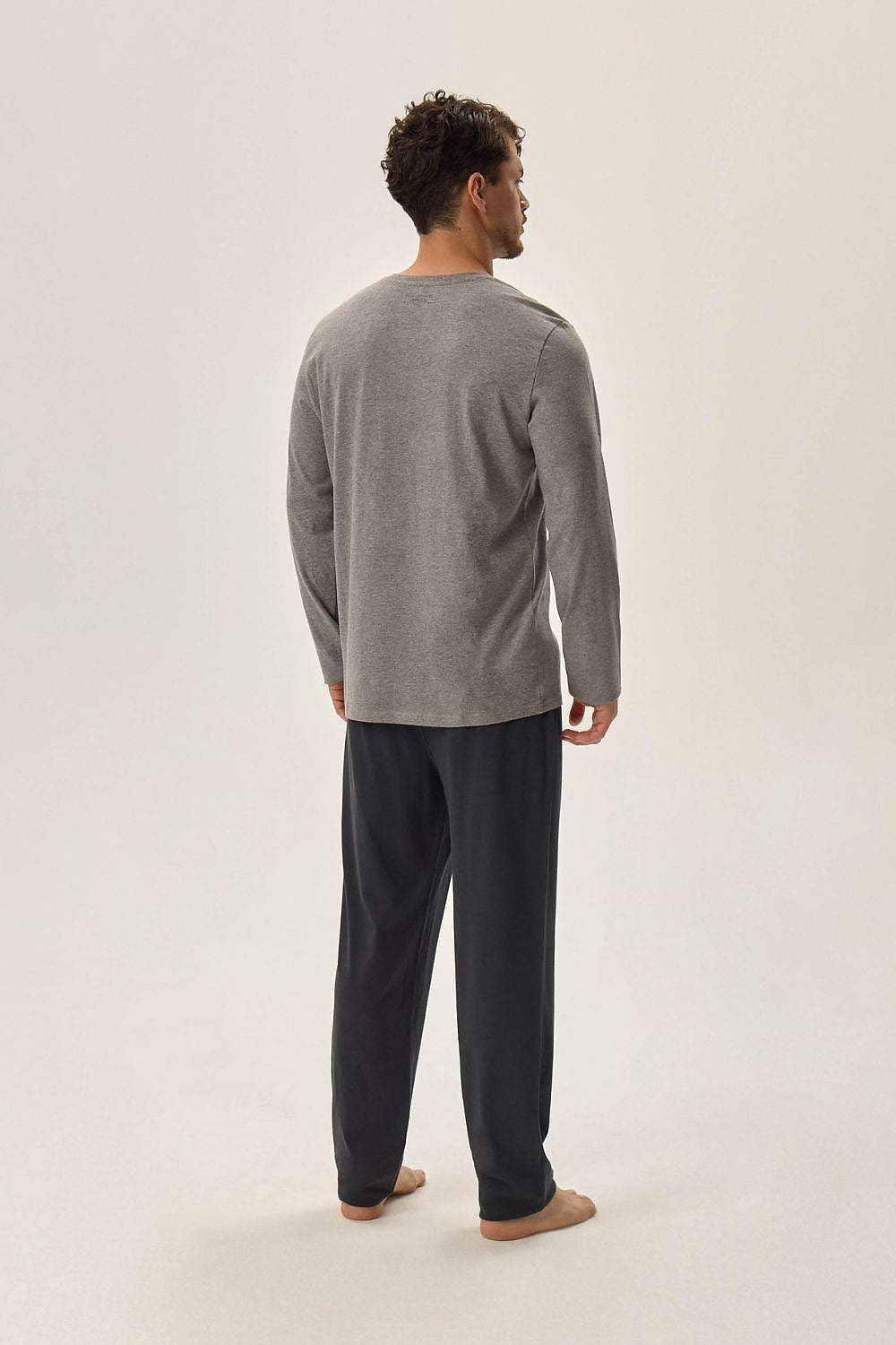 Luxury Henderson Men's Japan Cotton Pajamas Set in Classic Grey, featuring a long-sleeved top and ankle-length pants, crafted from soft cotton for ultimate comfort.