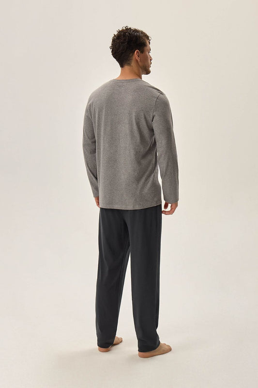 Luxury Henderson Men's Japan Cotton Pajamas Set in Classic Grey, featuring a long-sleeved top and ankle-length pants, crafted from soft cotton for ultimate comfort.