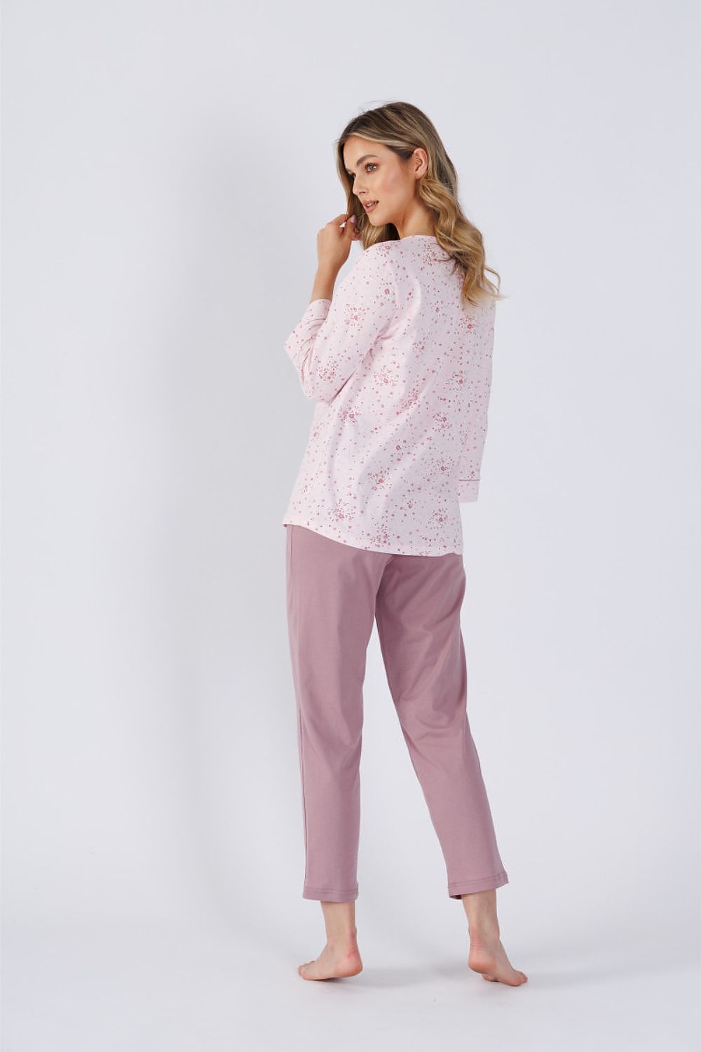Elegant women's cotton pyjama set by M-Max featuring 7/8 sleeves and comfortable pants, perfect for luxurious relaxation.