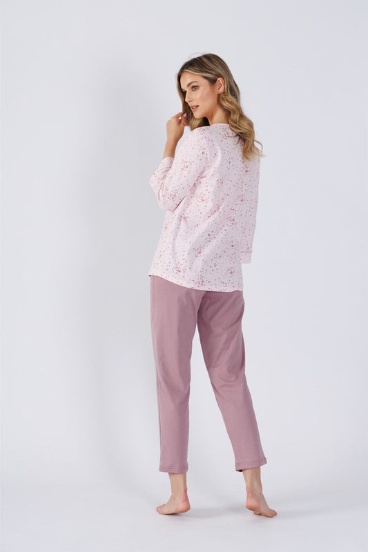 Elegant women's cotton pyjama set by M-Max featuring 7/8 sleeves and comfortable pants, perfect for luxurious relaxation.