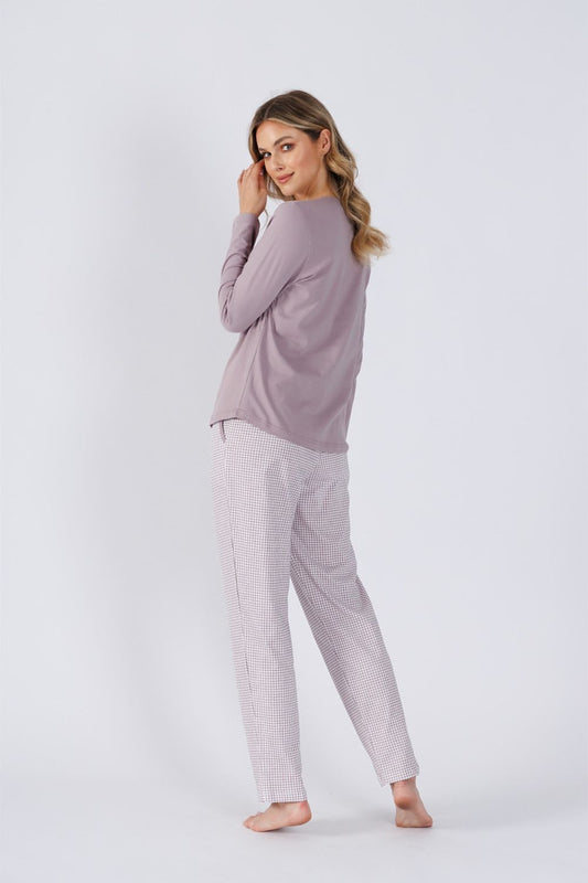 Elegant women's cotton pajamas set by M-Max featuring a buttoned blouse and comfortable fit pants, ideal for relaxation and luxurious sleep.