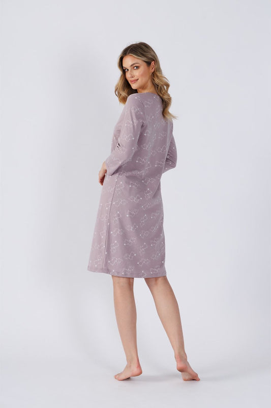 M-Max elegant nightshirt showcasing a practical buttoned front, crafted from 100% cotton in subtle colours, ideal for comfort and style during peaceful evenings.