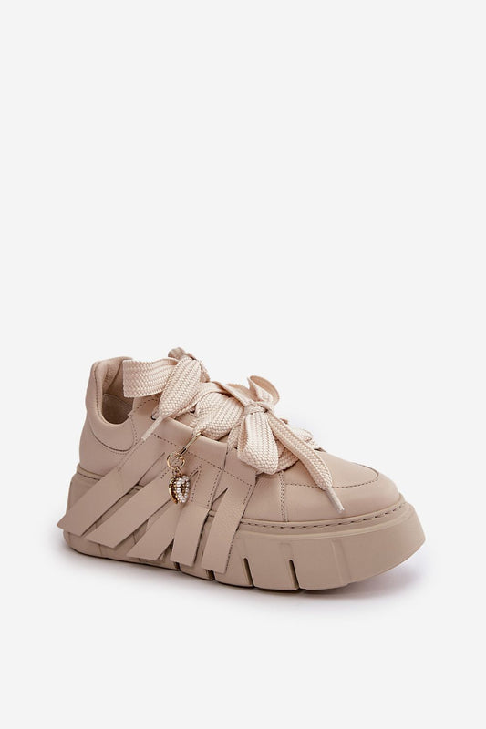 Elegant women's natural leather sneakers featuring thick lacing and charming heart details by Step in style, designed with a luxurious platform for added height.