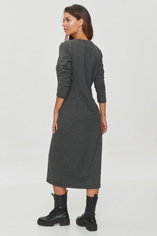 Luxurious Makadamia Cotton Spandex Sweatshirt Dress with long sleeves and a flattering V-neckline, perfect for both casual and formal occasions.