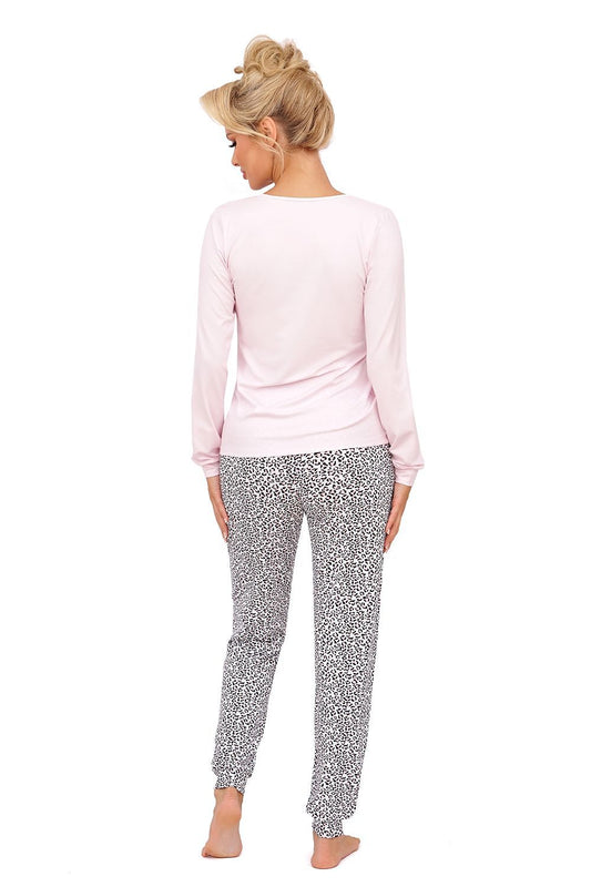 Elegant women's cotton pyjamas set with V-neck blouse and long pants by Donna, offering comfort at home with chic design and soft fabric.