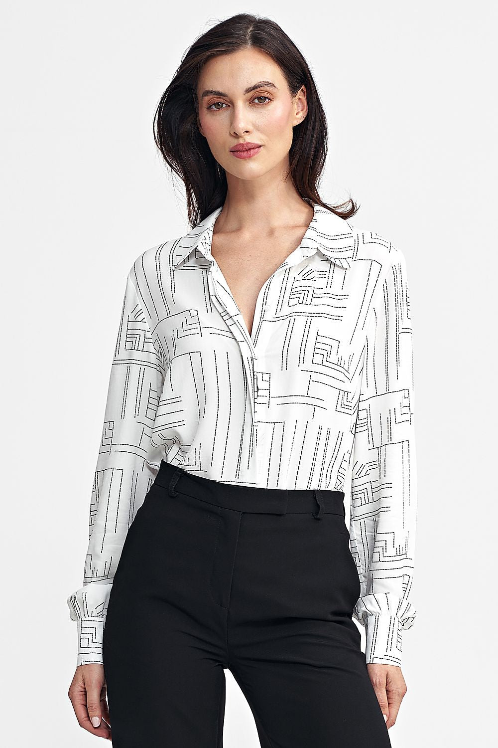 Nife Women's Long Sleeve Shirt featuring a sophisticated minimalist geometric design, crafted from premium viscose for comfort and elegance.