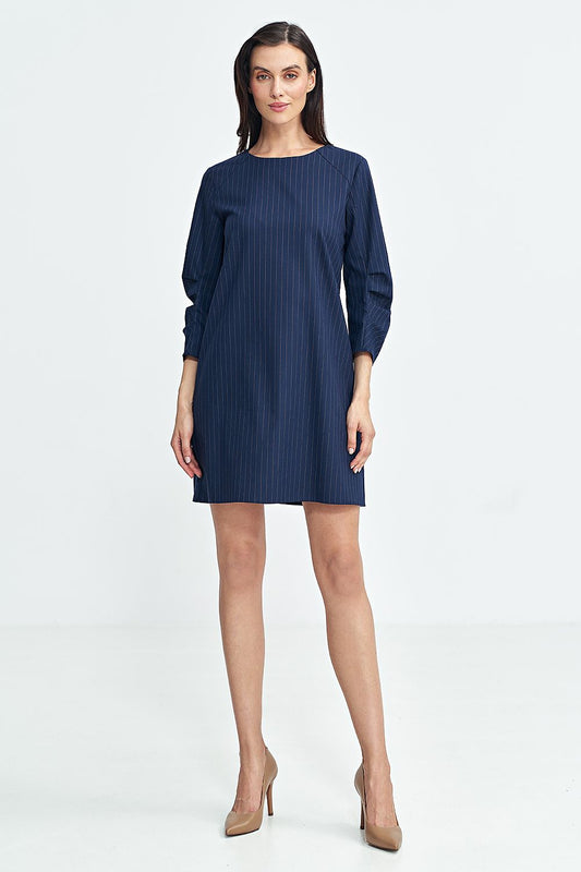 Elegant A-Line Daydress by Nife features 3/4 sleeves and striking contrasting tennis stripes in a luxurious fabric, perfect for stylish day outings.