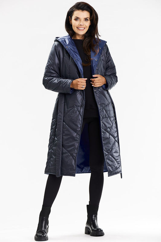 Awama long navy blue hooded coat featuring a starry sky lining, designed for elegance and functionality, perfect for autumn and winter.