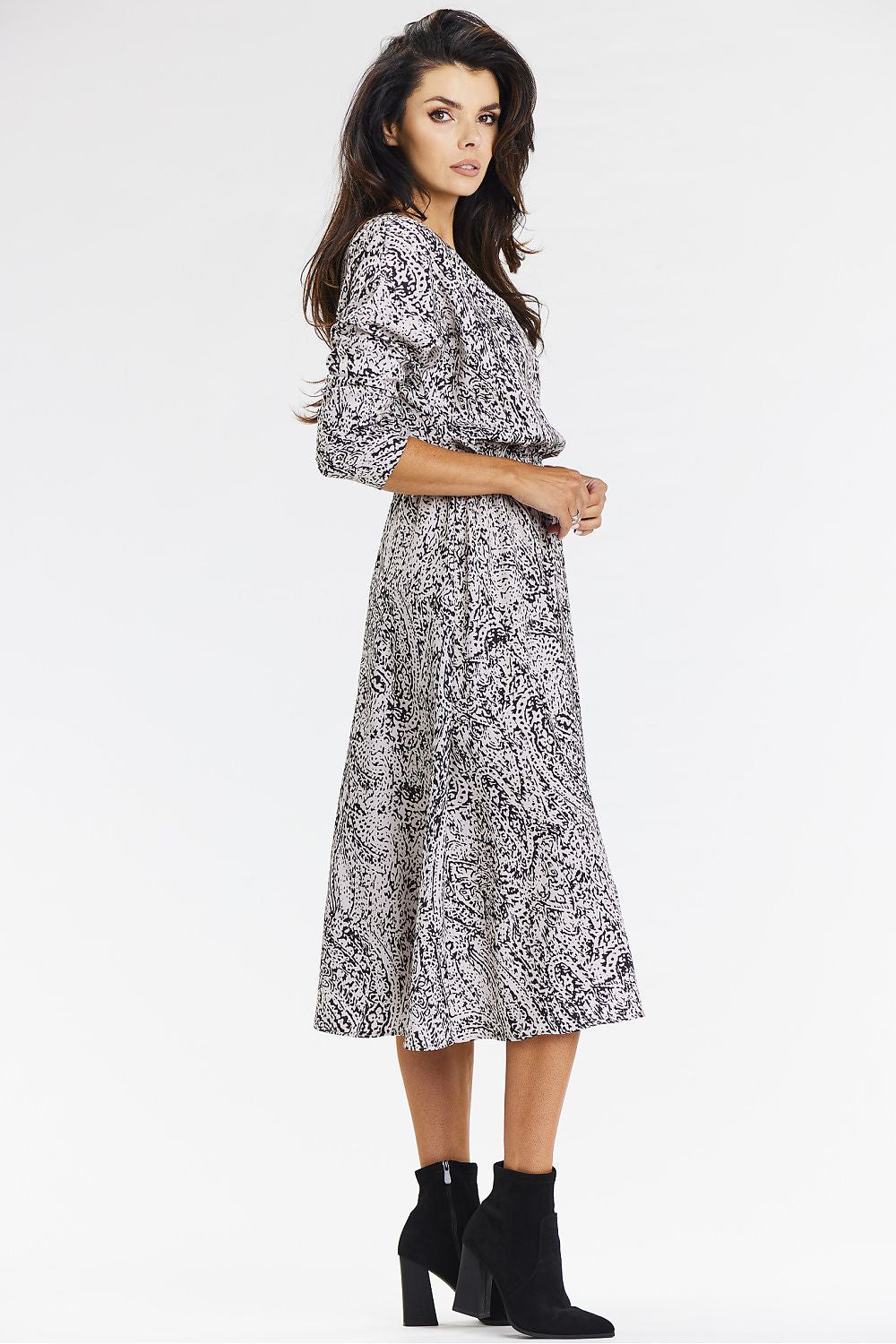 Luxury navy blue and brown kimono midi dress by Awama, featuring 3/4 sleeves, a stylish V neckline, and a flowy hem, perfect for elegant occasions.