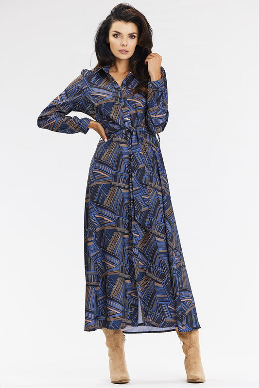 Sophisticated close-up of Awama's stylish maxi shirt dress details, showcasing the button closure and adjustable sleeves in a rich navy-brown pattern.