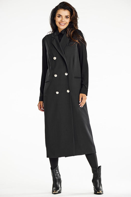 Elegant double-breasted maxi vest by Awama, showcasing a classic modern design with feminine style, perfect for adding sophistication to any outfit.