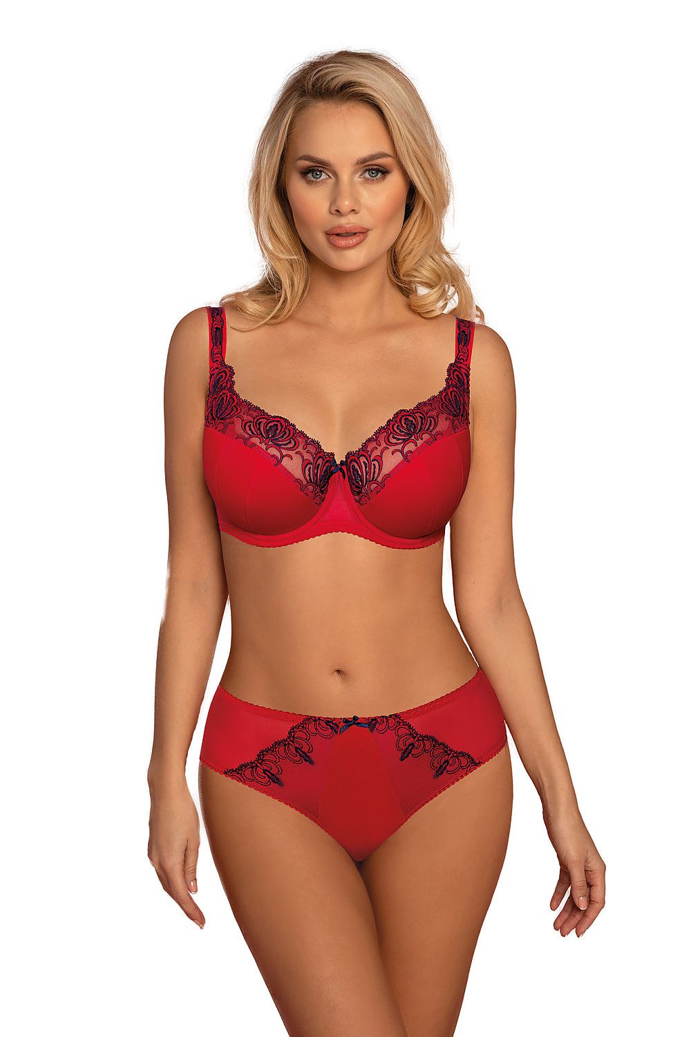 Luxury semi-soft bra by Vena for heavy bust in elegant navy blue and red with intricate embroidery, showcasing exceptional support and style, available in sizes EU 75-100.
