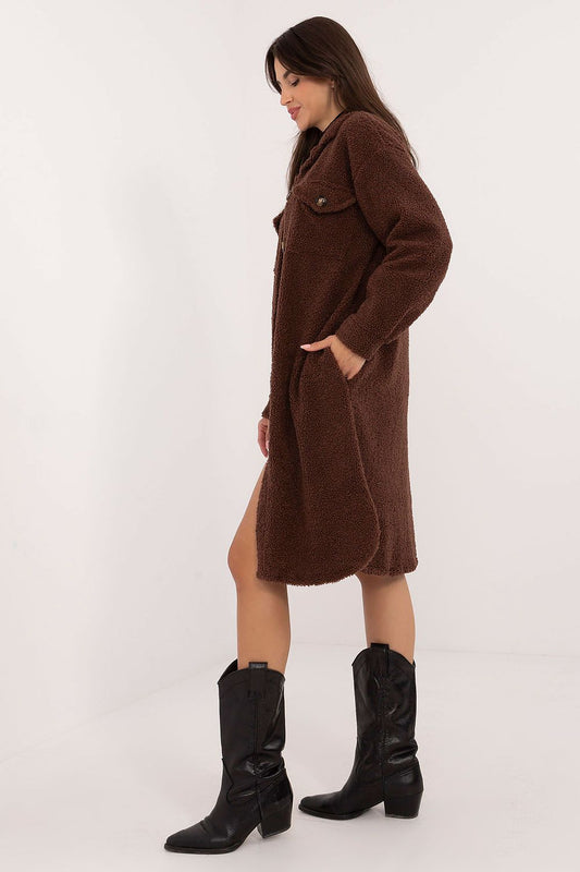 Close-up view of Italian Moda Women's Boucle Shirt fabric, highlighting the unique variegated texture for a sophisticated look.