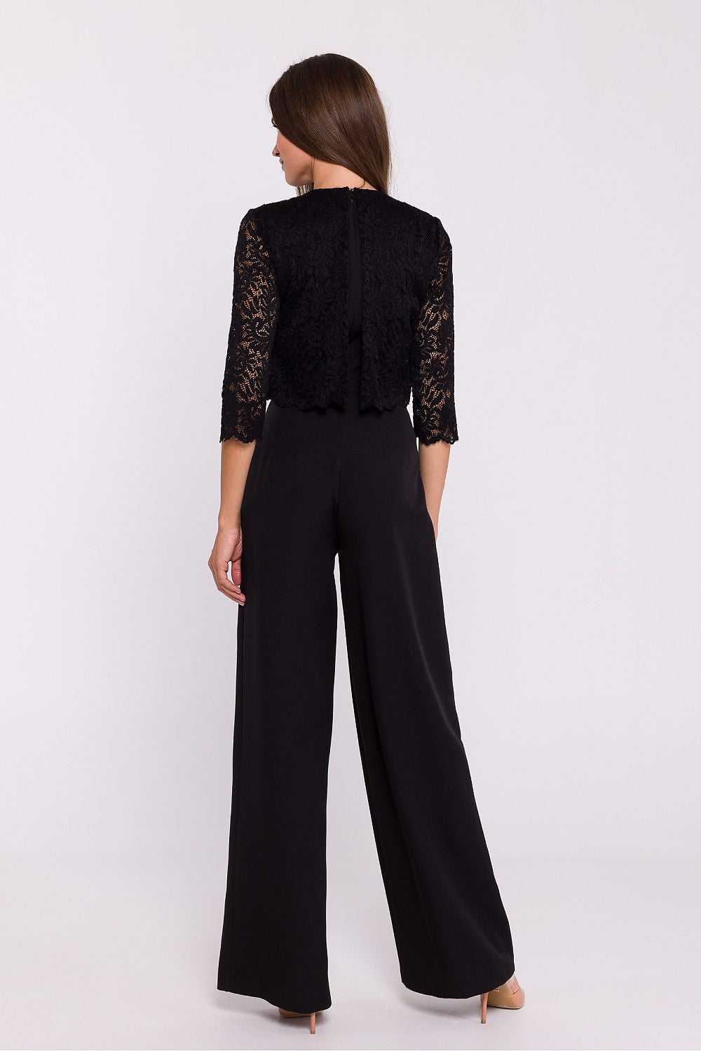 Back view of Stylove Elegant Lace Jumpsuit highlighting the covered zipper and perfect tailoring, made for a luxurious fit.