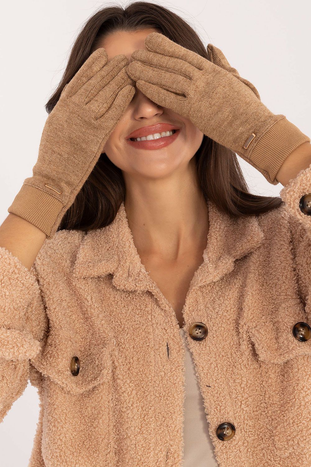 Stylish fingerless gloves by AT, designed with a ribbed texture and embroidered flower, perfect for warm hands and smartphone operation during chilly days.